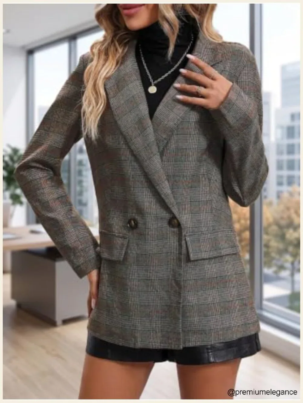 Plaid Houndstooth Blazer Double Breasted Notch Lapel Padded Shoulders Women’s